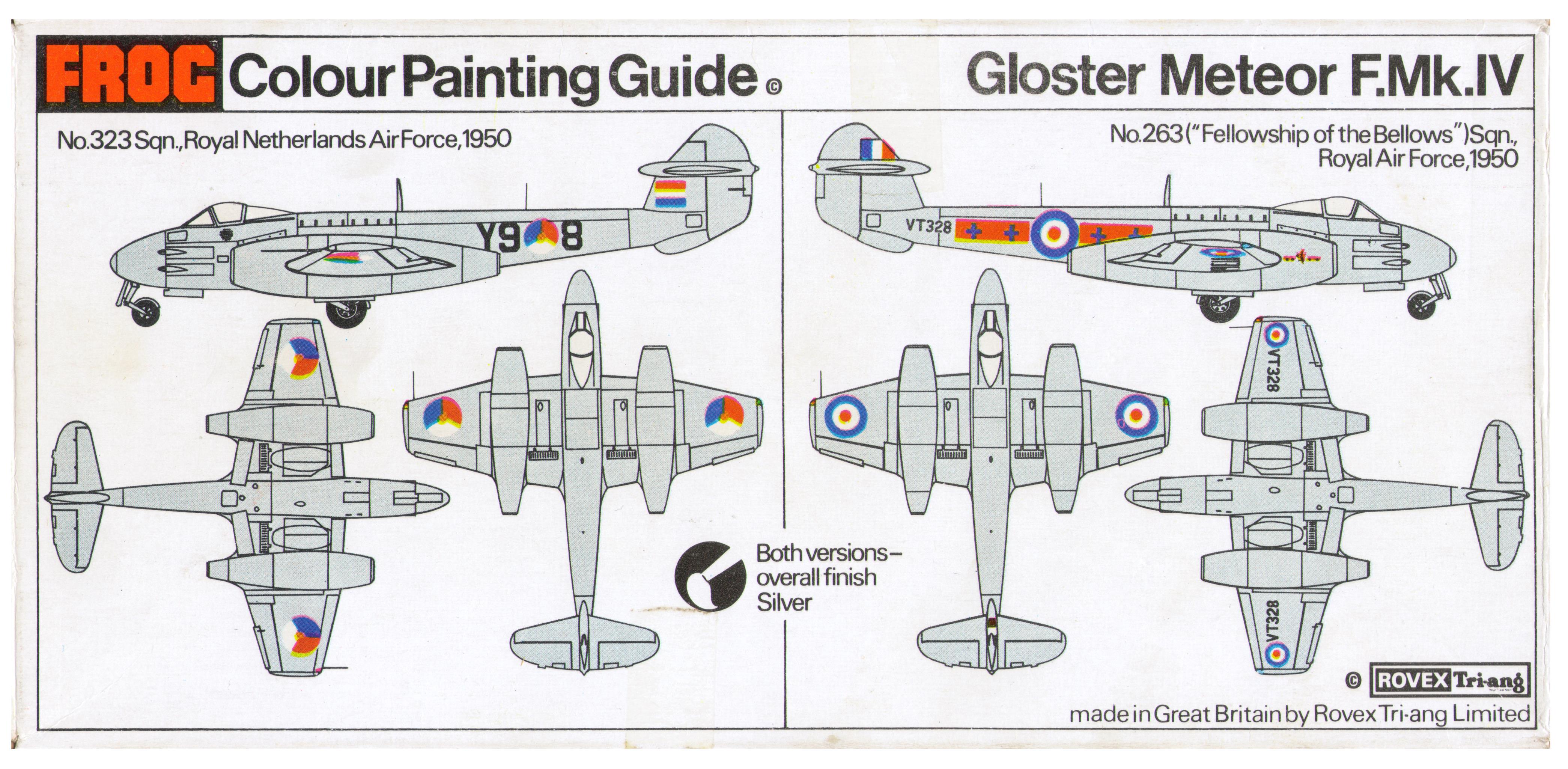 FROG F200 Gloster Meteor F.Mk.IV Interceptor fighter, Colour Painting Guide on the base of the box, 1970